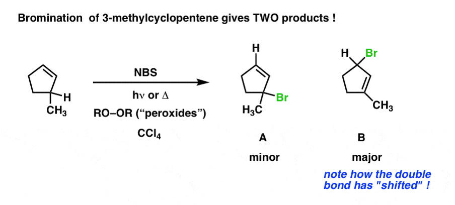 free-radical-substitution-of-3-methylcyclopentene-gives-two-products-one-with-allylic-rearrangement-giving-more-substituted-double-bond