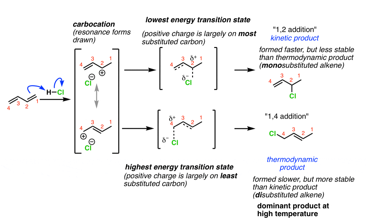 butadiene plus hcl giving resonance stabilized carbocation and two transition states giving 12 addition and 14 addition respectively