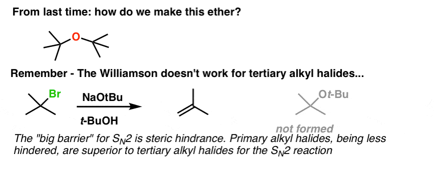 how to make di t butyl ether cannot do through williamson since e2 elimination will occur