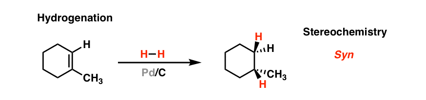hydrogenation of alkenes with h2 and pd-c gives syn stereochemistry