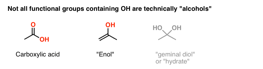not all functional groups with OH are alcohols example carboxylic acid enol geminal diol or hydrate