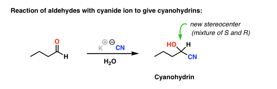reaction-of-aldehydes-with-cyanide-ion-to-give-cyanohydrins-as-mixture-of-stereoisomers
