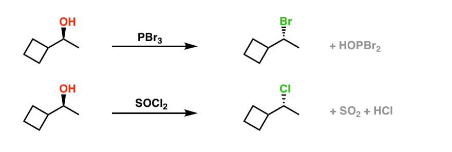 use of pbr3 and socl2 to convert alcohols to alkyl halides occurs with inversion of configuration