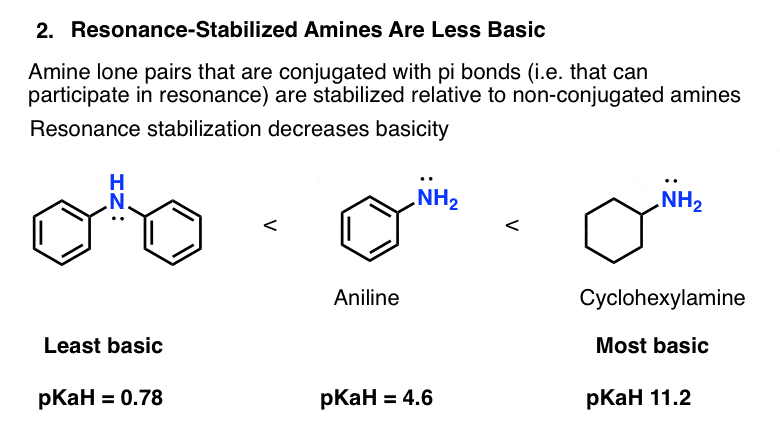 amines stabilized through resonance are weaker bases