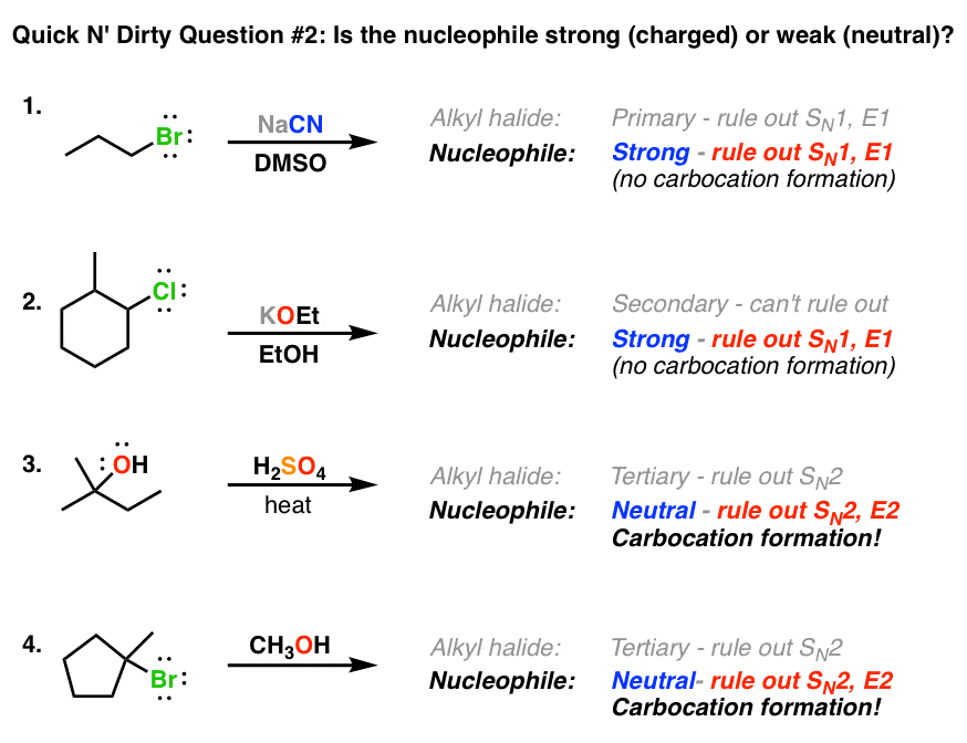 determining sn1 sn2 e1 e2 second question is nucldeohile strong charged or weak-neutral