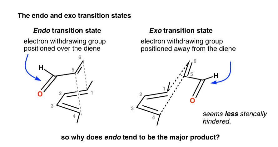drawing of exo and endo transition states in diels alder secondary orbital overlap in endo