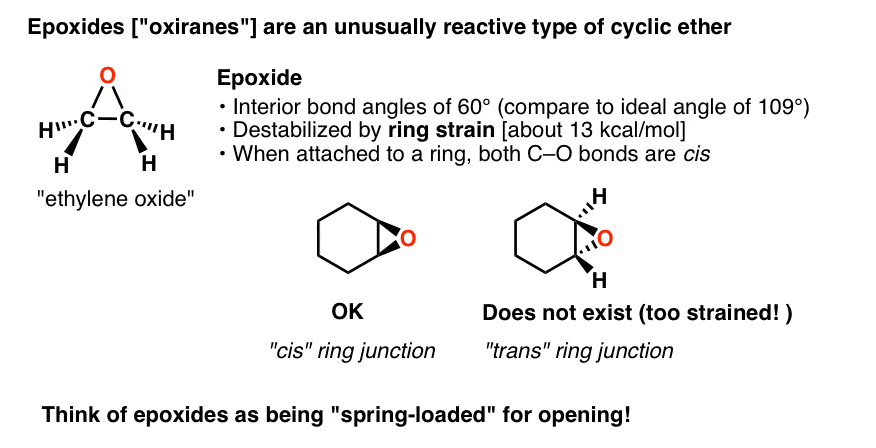 epoxides oxiranes are unusually reactive type of cyclic ether ring strain about 13 kcal mol only have cis ring junctions