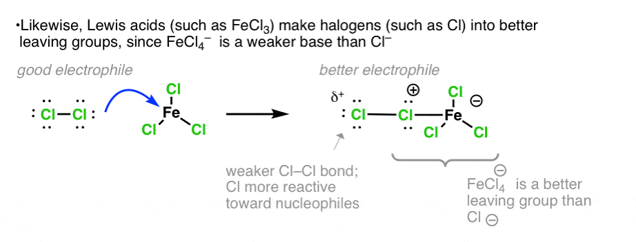 lewis acids like fecl3 make halogens into better leaving groups since fecl4 is a weaker base than cl-
