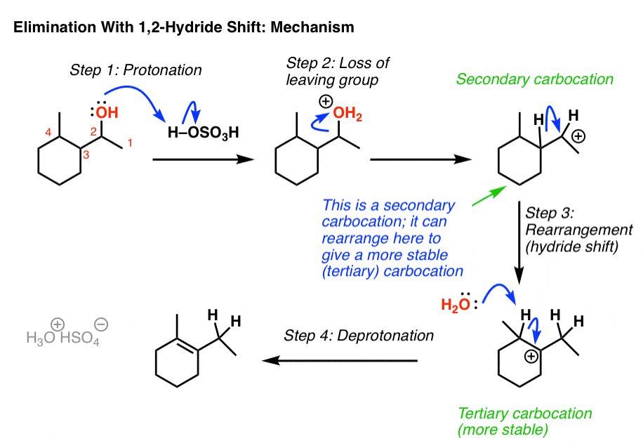 mechanism for e1 with rearrangement acid loss giving carbocation rearrangement then deprotonation