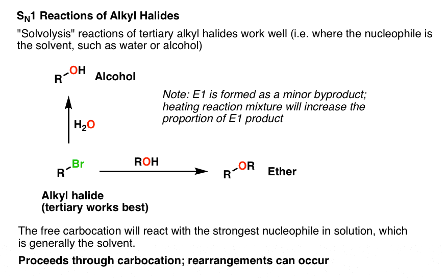 sn1 reaction is really only useful for solvolysis of alkyl halides giving alcohols and ethers