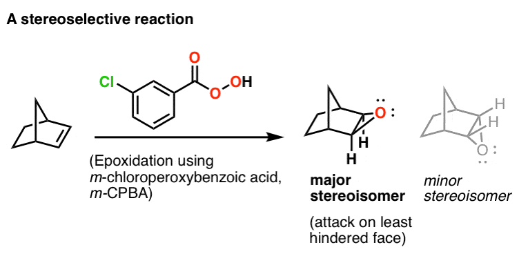stereoselective reaction is epoxidation of norbornene with mcpba giving epoxidation on least hindered face