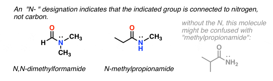 the n prefix for amines means that the group is attached to the nitrogen examples n n dimethylformamide and n methylpropionamide