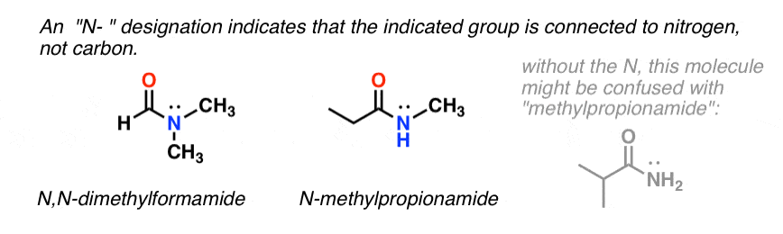 le préfixe n pour les amines signifie que le groupe est fixé à l'azote exemples n diméthylformamide et n méthylpropionamide