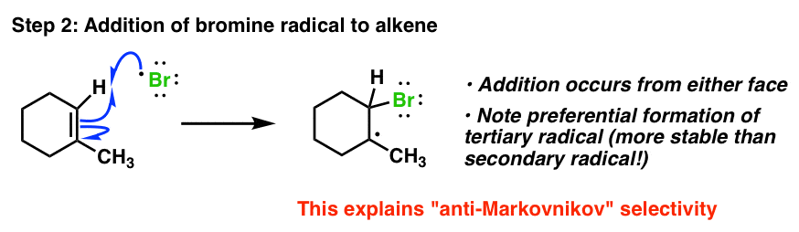 addition of bromine radical to alkene mechanism gives most stable free radical explains anti markovnikov selectivity