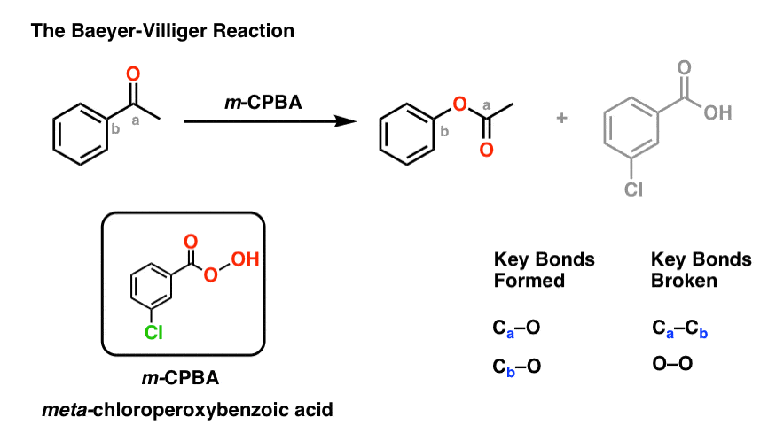 baeyer villiger oxidation of ketones with meta chloroperoxybenzoic acid breaks c-c bond forms c-o