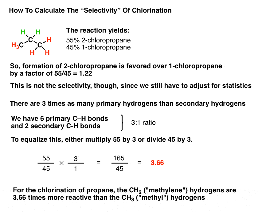 calculate-selectivity-for-secondary-over-primary-for-free-radical-chlorination-of-propane-given-55-45-ratio-of-products-favoring-secondary