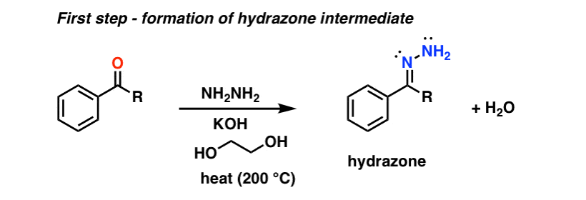 first step of wolff kishner reaction is formation of hydrazone intermediate