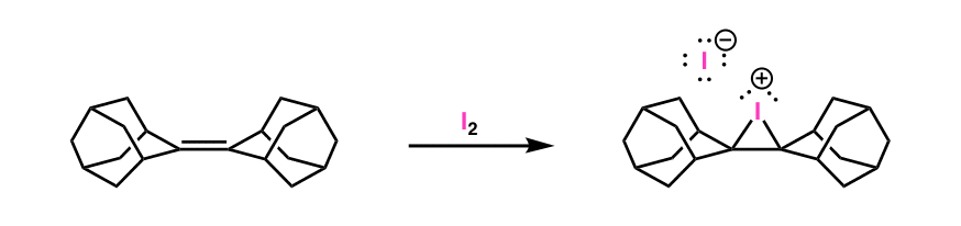 halonium ion from iodination of di-adamantyl alkene is particularly stable