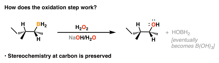 oxidation of hydroboration product with h2o2 and naoh gives alcohol with preservation of stereochemistry
