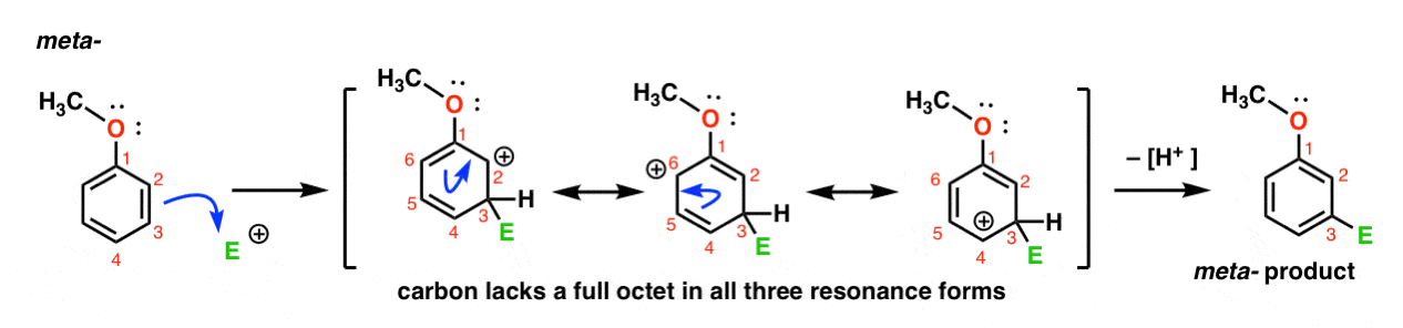 resonance forms for meta attack in electrophilic aromatic substitution of ortho para director