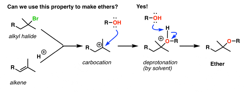 taking advantage of teritary carbocation formation to make ethers either through addition to alkenes or loss of halide from tertiary alkyl halide