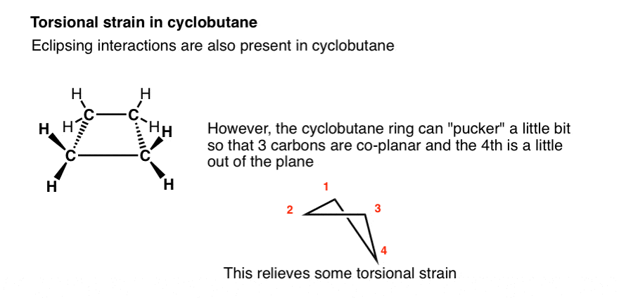 torsional-strain-in-cyclobutane-eclipsing-interactions-also-present-but-cyclobutane-can-pucker-so-that-3-carbons-are-co-planar-and-4th-is-a-little-out-of-the-plane