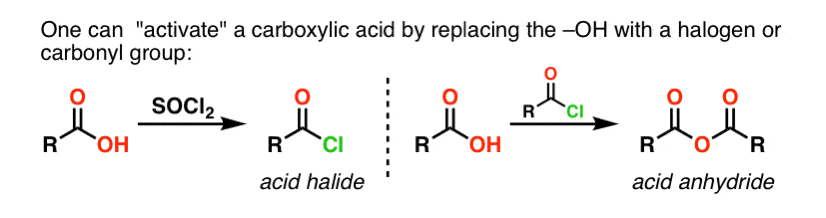 activation des acides carboxyliques en remplaçant oh par un halogène ou un carbonyle eg halogénure d'acide ou anhydride