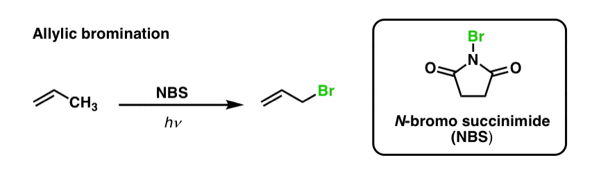allylic bromination can be performed on allylic position with nbs and light hv n bromo succinimide gives allyl bromide