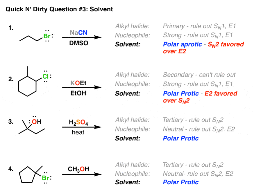 analyzing sn1 sn2 e1 e2 reactions third question is solvent which determines sn2 vs e2 mostly