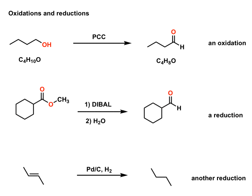 examples of various oxidations and reductions in organic chemistry oxidation of primary alcohol to aldehyde reduction of ester to aldehyde reduction of alkene to alkane