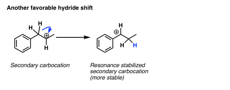 favorable hydride shift with secondary alcohol if hydride shift gives more stable resonance stabilized benzylic carbocation