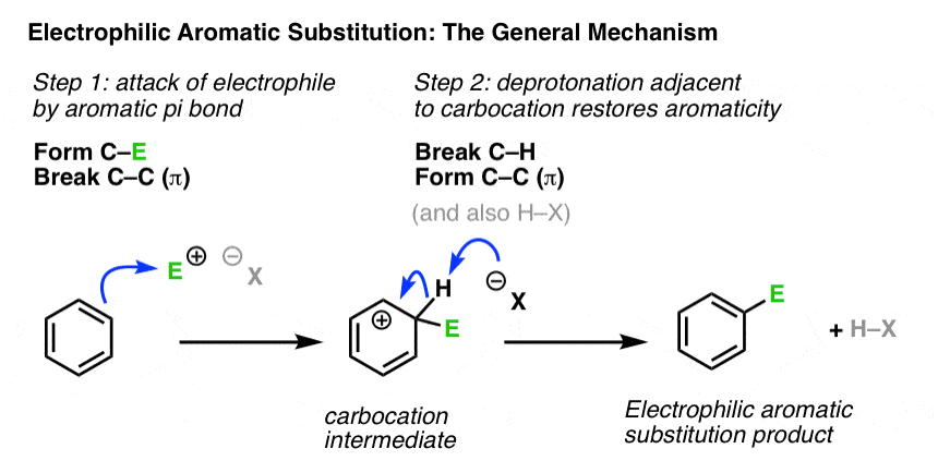 full mechanism of electrophilic aromatic substitution step 1 attack of electrophile step 2 deprotonation giving alkene