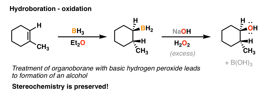 hydroboration oxidation of alkenes leads to syn product and preservation of stereochemistry