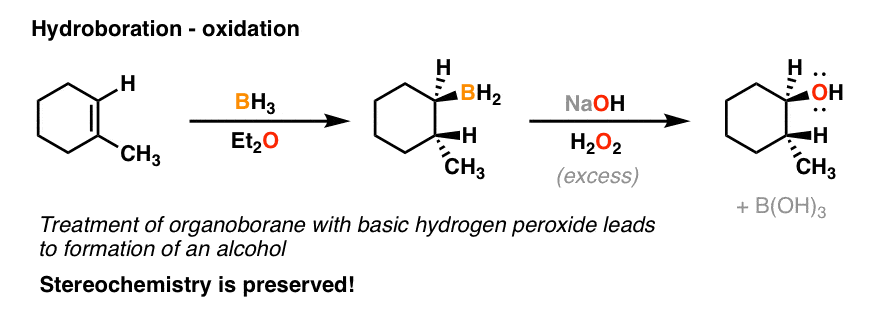 اکسیداسیون هیدروبوراسیون آلکن ها منجر به محصول syn و حفظ استریوشیمی می شود
