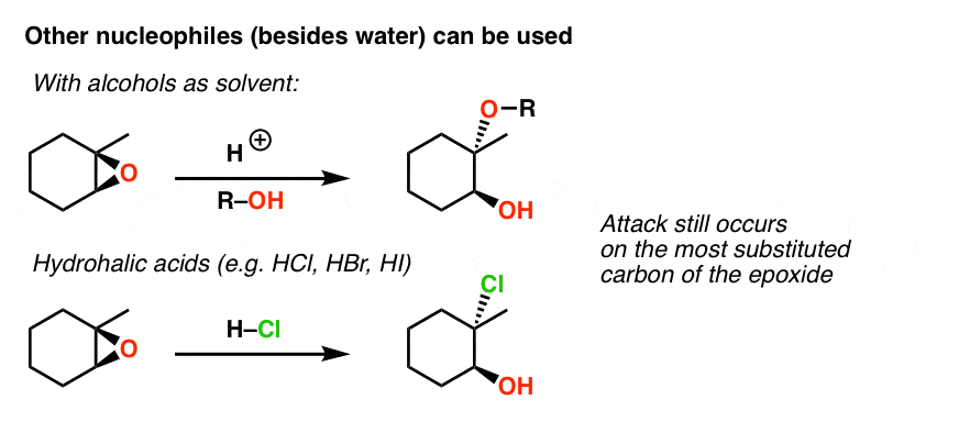 nucleophiles besides water can be used such as alcohols and also hydrohalic acids