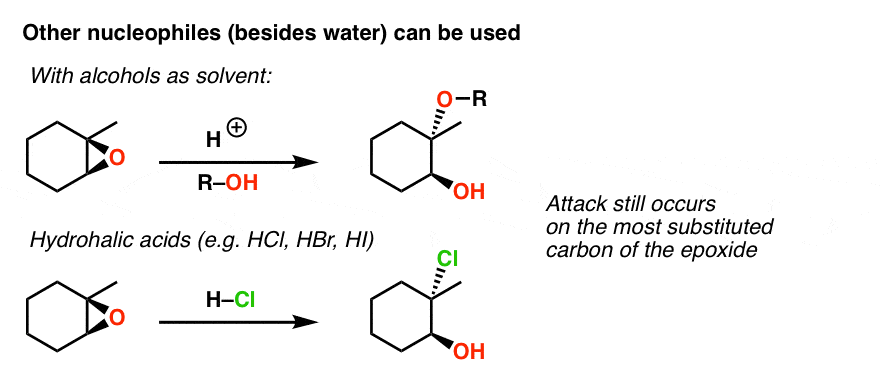 علاوه بر آب می توان از نوکلئوفیل ها مانند الکل ها و اسیدهای هیدروهالیک نیز استفاده کرد