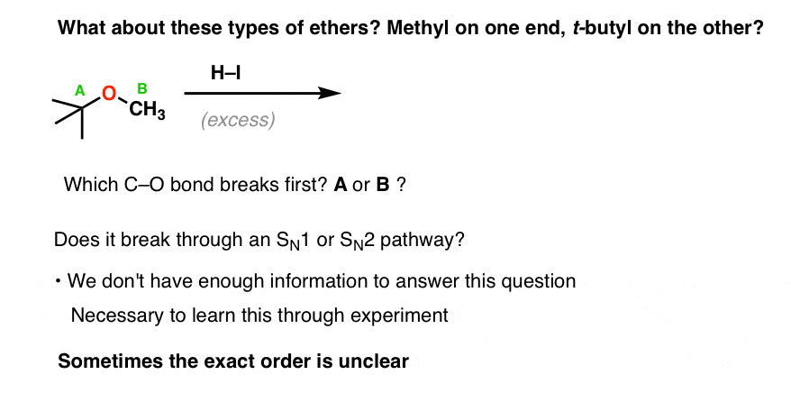 سوال این است که با ترت بوتیل متیل اتر با یک معادل hi چه اتفاقی می‌افتد، گفتن sn2 یا sn1 سخت است؟