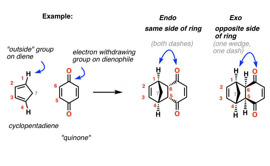 specific example of endo and exo is cyclopentadiene with quinone giving endo product example and exo product example