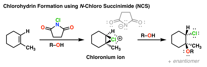 chlorohydrin formation using n chloro succinimide ncs chloronium ion attack of r-oh giving markovnkov product
