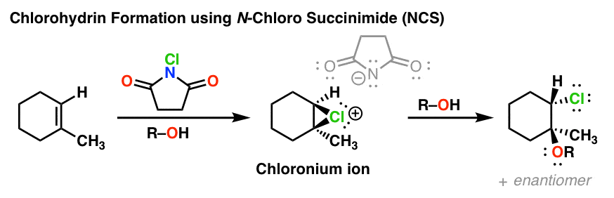 تشکیل کلروهیدرین با استفاده از n کلرو سوکسینیمید ncs حمله یون کلرونیم r-oh که محصول مارکوفنکوف را می دهد.