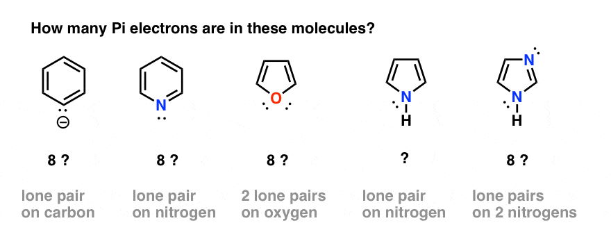count the number of pi electrons in these molecules furan pyrrole pyridine