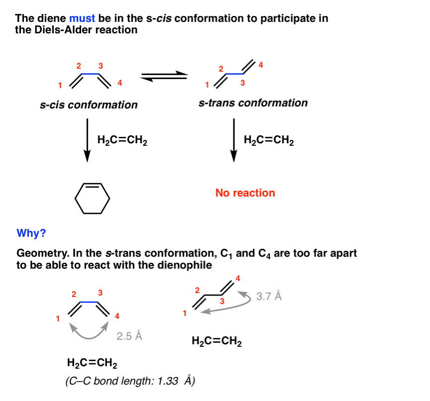 diene must be in s cis conformation to undergo diels alder reaction s trans will not react because the termini are too far apart from each other for bonds to form