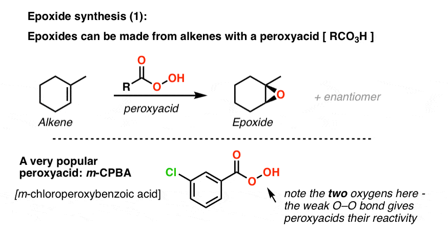 epoxides can be synthesized through treatment of alkenes with peroxyacids such as mcpba gives syn product