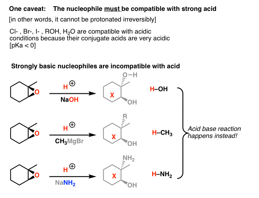 with acid strongly basic nucleophiles are not compatible so no grignard reagents no naoh no nanh2 since base will be protonated