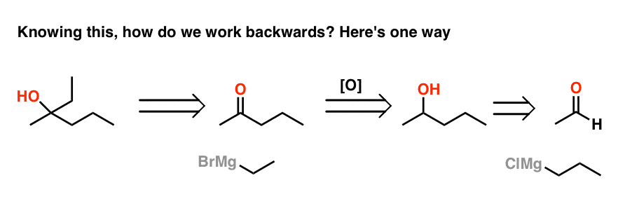 working backwards from tertiary alcohol to aldehyde via grignard reactions retrosynthesis