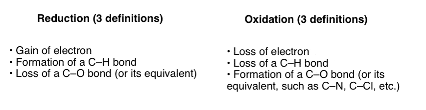3 definitions of reduction in organic chemistry gain electron form ch loss co oxidation loss electron loss ch form co