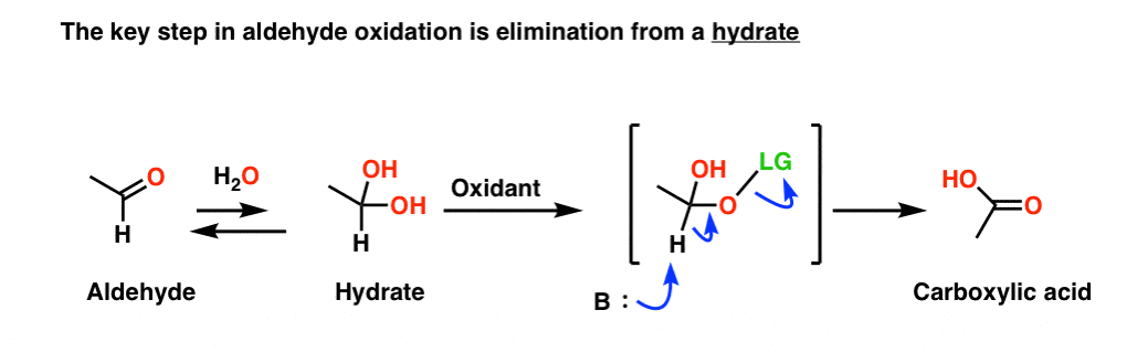 key step in oxidation of aldehydes is formation of a hydrate from the aldehyde followed by elimination