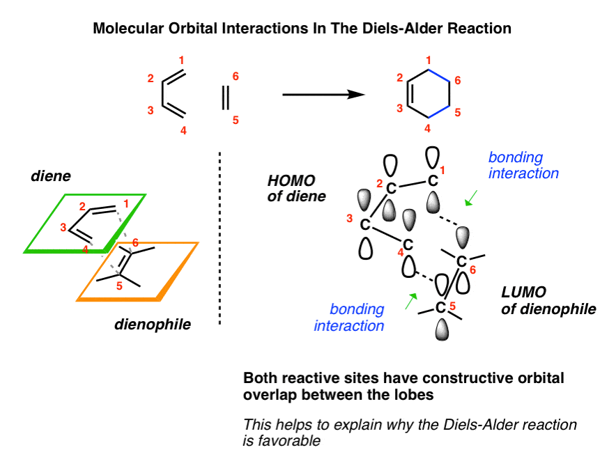 molecular orbital interactions in diels alder reaction showing homo of butadiene and lumo of dienophile orbital symmetry