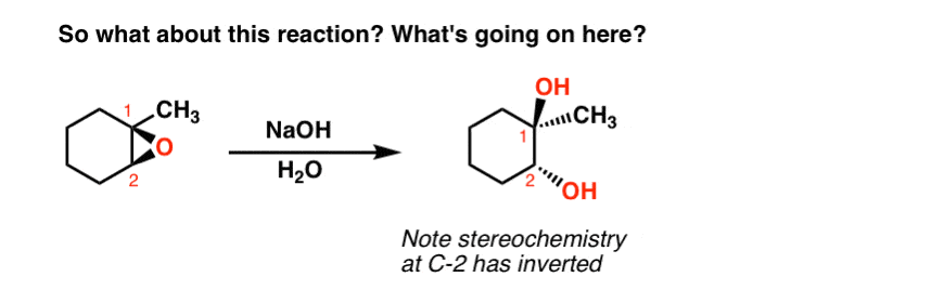 باز شدن اپوکسید با naoh توجه کنید که حمله در c2 اتفاق افتاده است زیرا naoh واکنش sn2 با اپوکسید است.