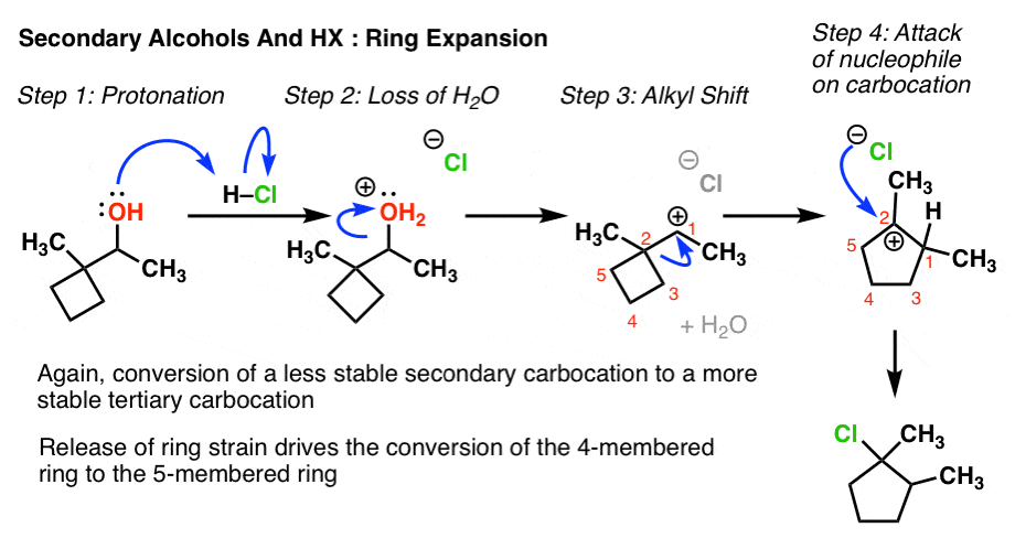 secondary alcohols and hx ring expansion arrow pushing step 1 protonation step 2 loss of h2o step 3 alkyl shift step 4 attack on carbocation rearrangement